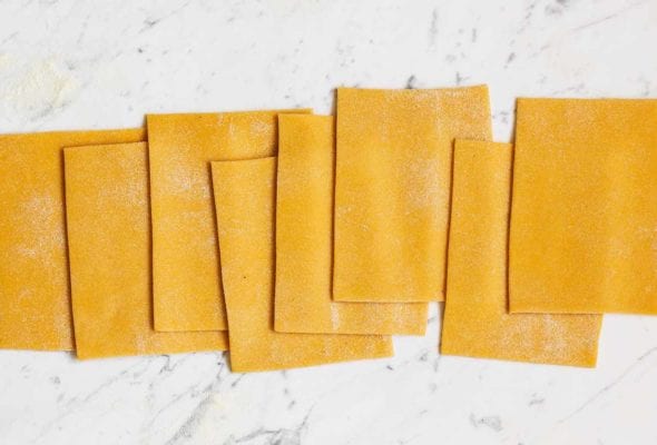 Rectangles of pumpkin pasta dough