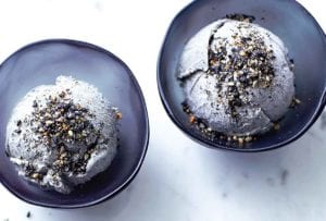 Two black bowls, each with a scoop of black sesame ice cream, sprinkled with black sesame seeds.
