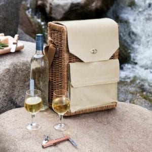 Corsica Wine and Cheese Picnic Basket with Cheese on a table