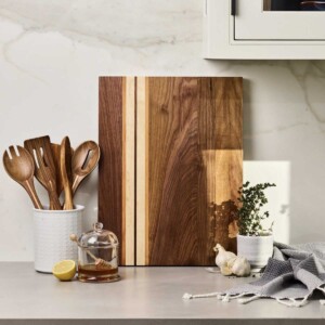 Motley American Maple Cutting Board on a kitchen counter for display