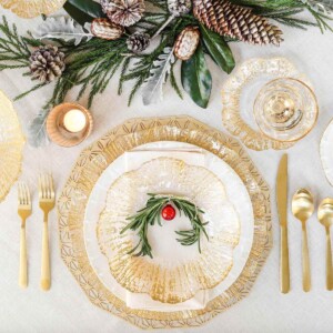 Rufolo Gold Glass Bowl on holiday table with pinecone centerpiece.