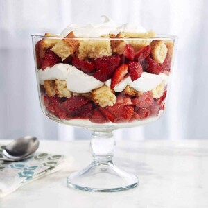 Footed Glass Trifle Bowl with strawberry trifle.