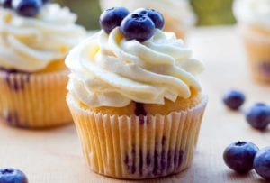 Several blueberry cupcakes topped with whipped cream and fresh blueberries.