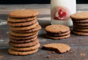 Three stacks of gingersnaps, one broken cookie, and a glass bottle of milk