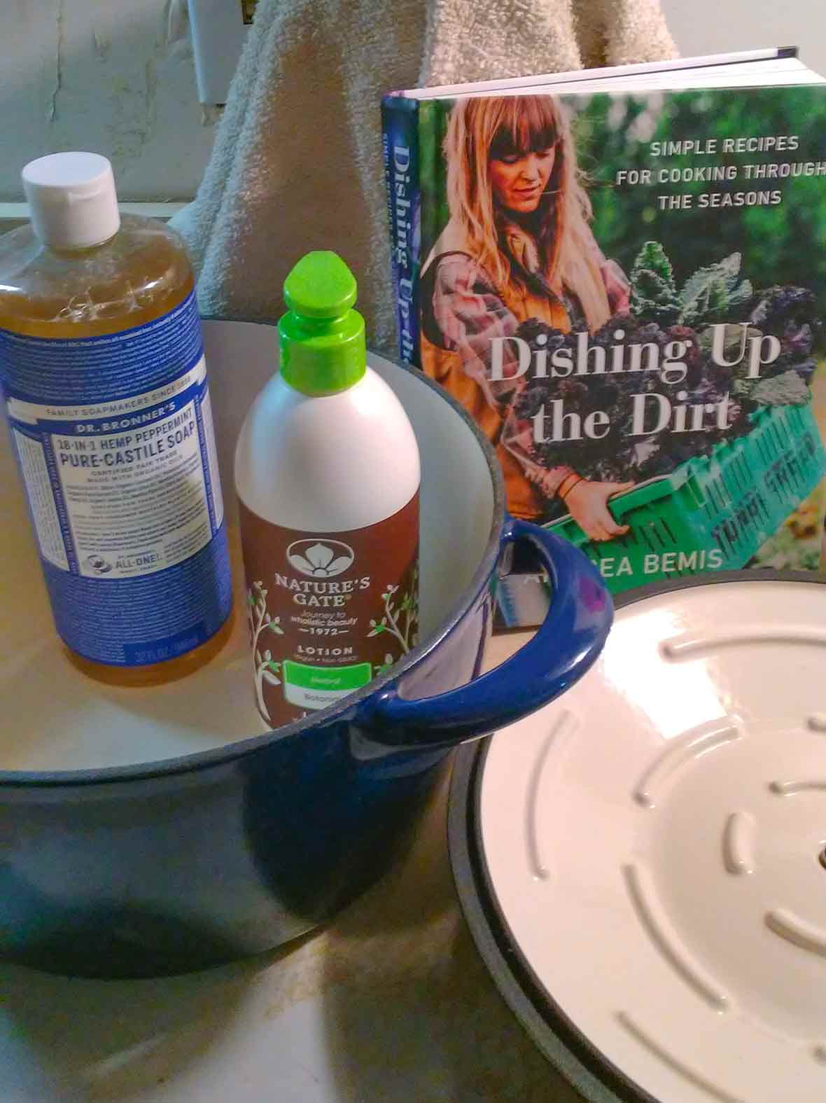 Dishing Up the Dirt Cookbook, blue Le Creuset Pot, dish liquid