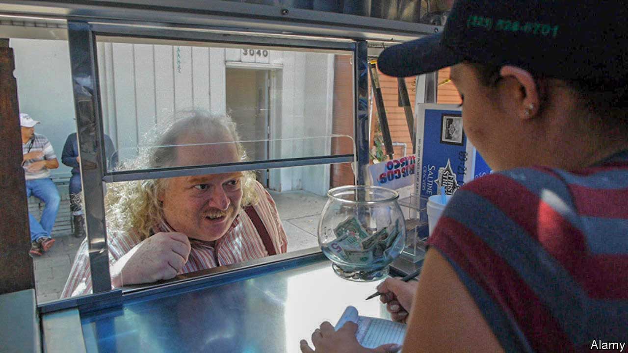Jonathan Gold peering into a food truck as a woman takes his order