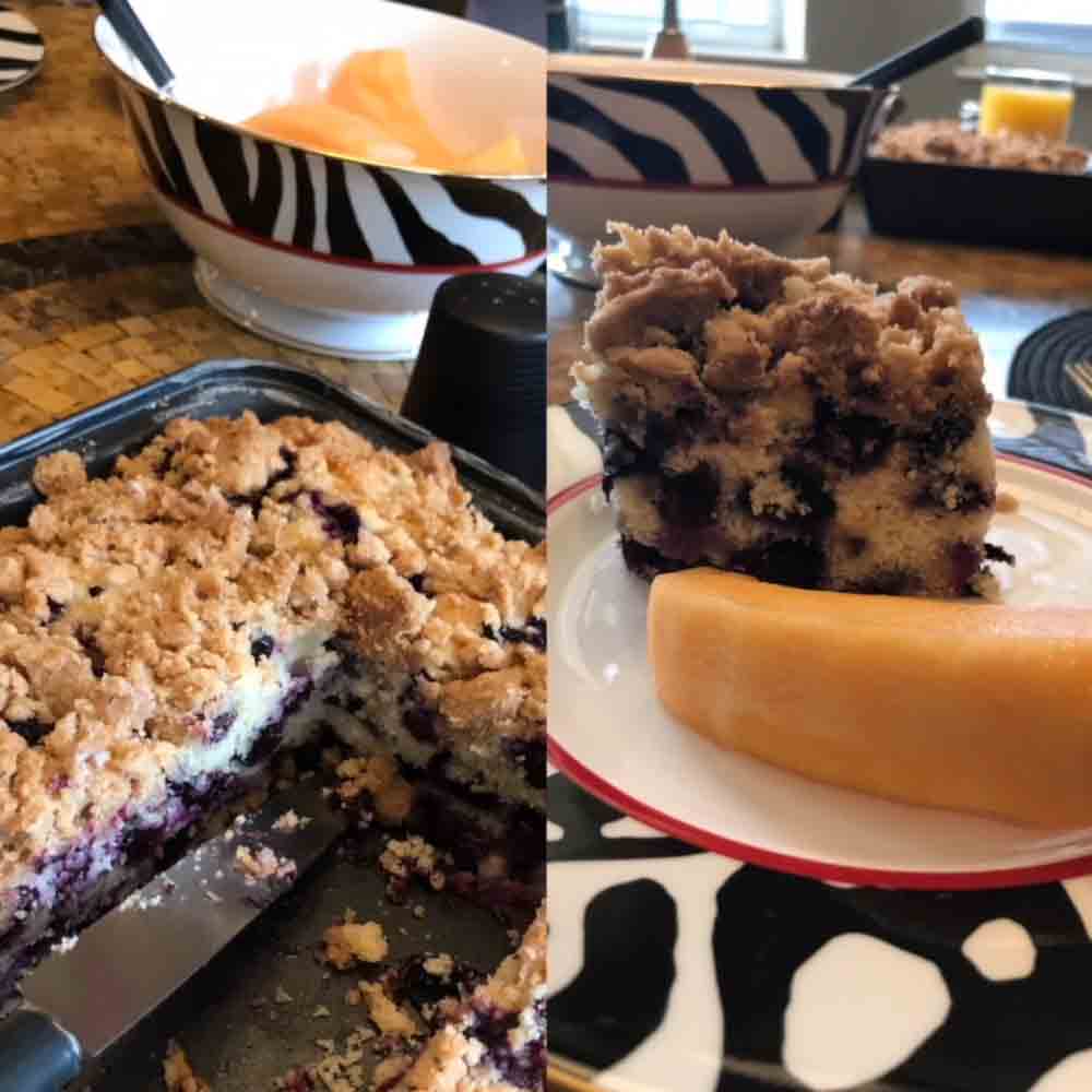Two images of a blueberry buckle--one the buckle in a dash with a slice removed, the other of the slice--topped with a brown sugar crumble