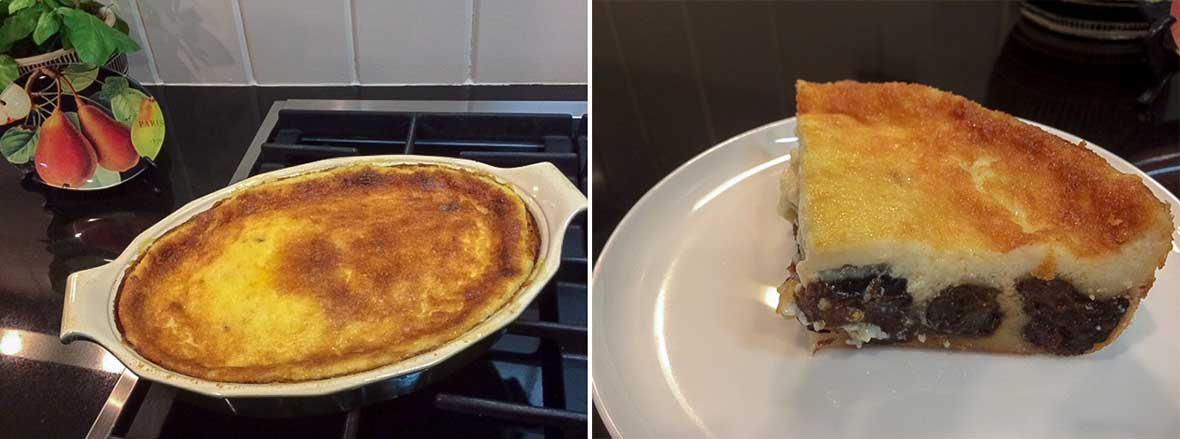 Two pictures of a far Breton, a French custard cake with prunes, one photo is of a the far Breton in a casserole, the other ] is of a slice