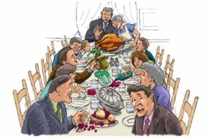 An illustration of a Thanksgiving table with many disasters occurring.