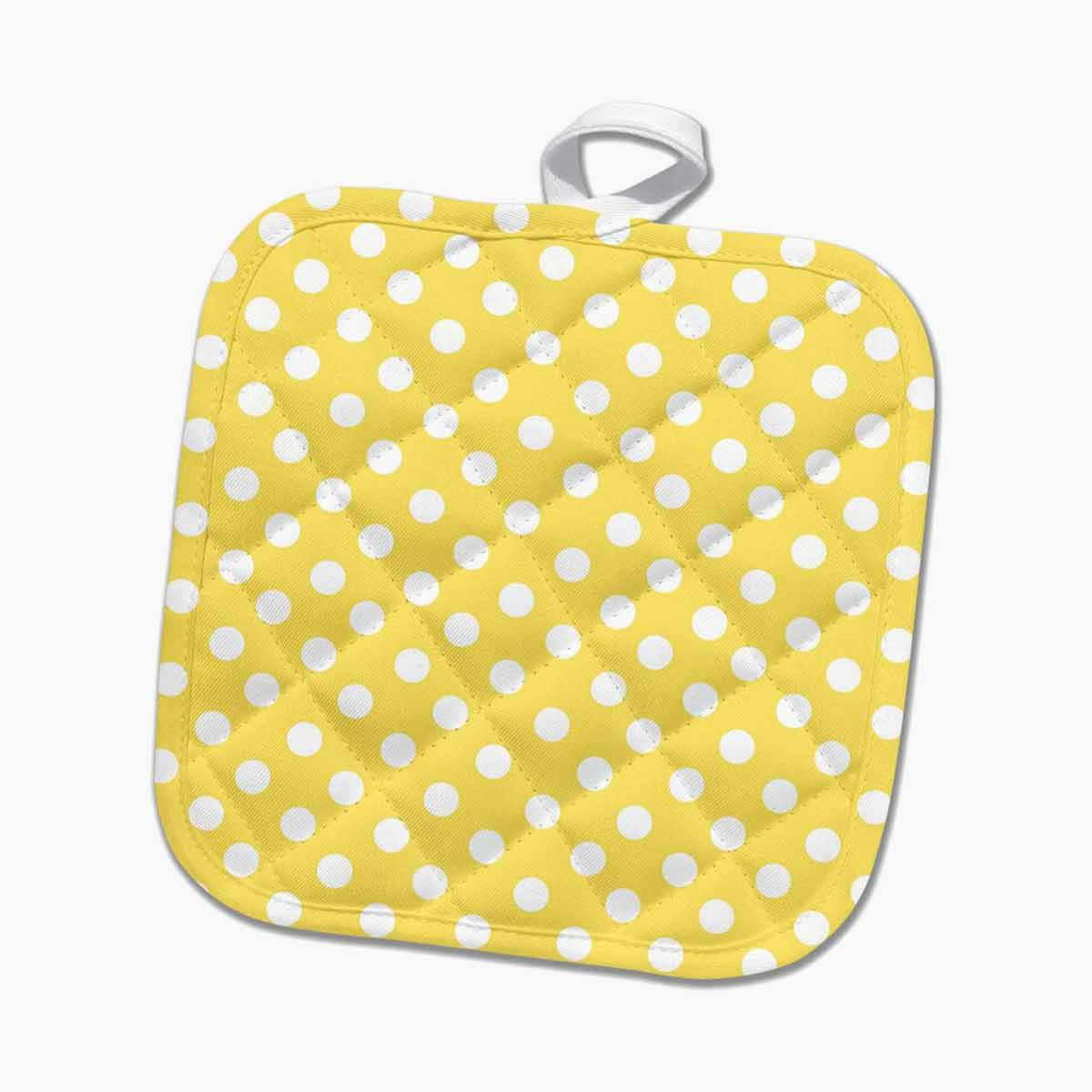 Yellow and white polka dot pot holder.