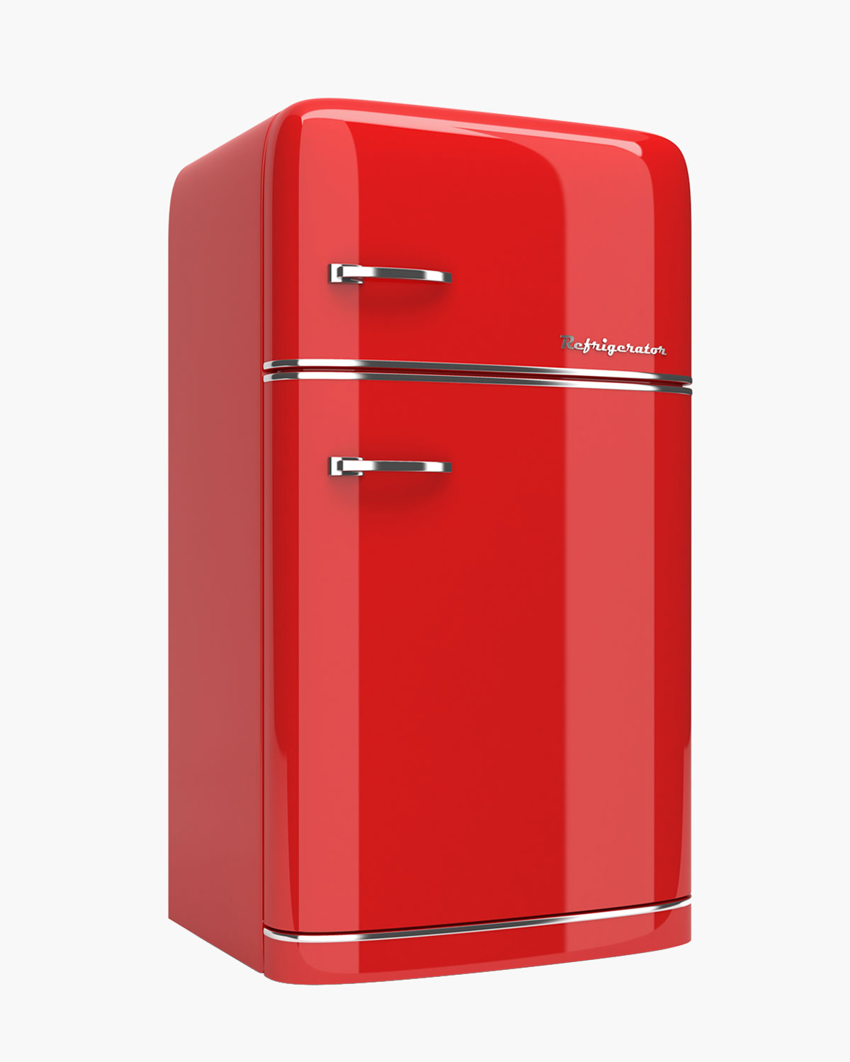 A red retro-style refrigerator for keeping our cold kitchen 100 recipes cool.