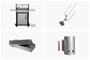 A grid of grilling tool images including a barbecue, three-pronged skewer, smoker box, and chimney.
