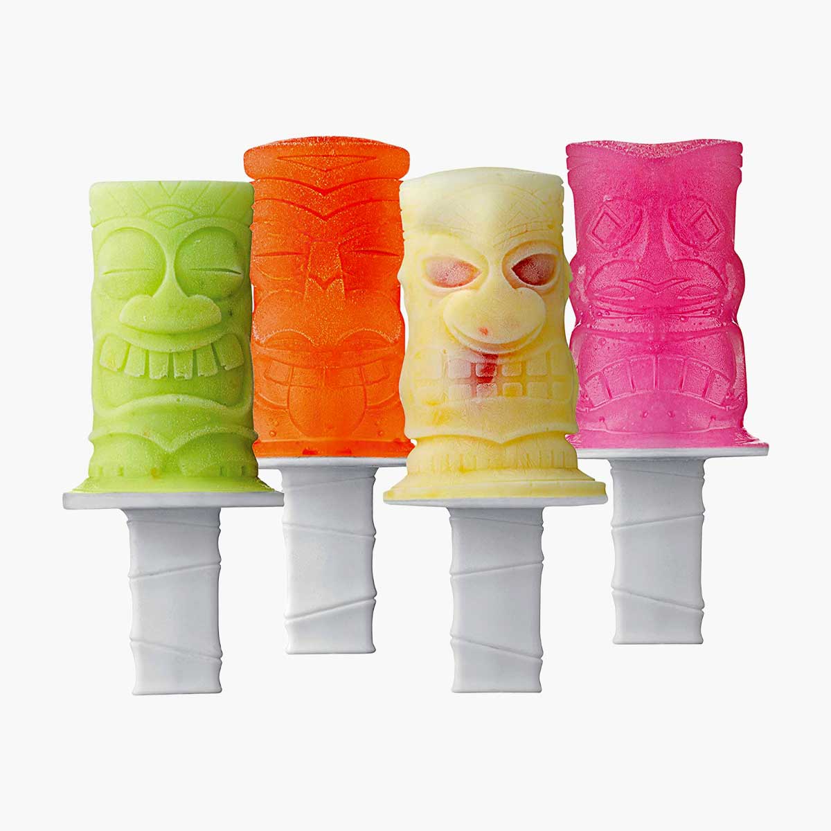 Four Tovolo tiki ice pop molds in different colors.