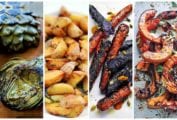Image of 4 of 12 grilled vegetables recipes, including grilled artichokes, roasted potatoes, grilled carrots, and grilled squash.