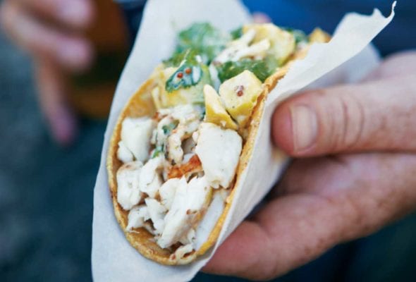 A hand holding a grilled fish taco topped with cilantro that is wrapped in a paper napkin.