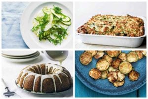 A grid of our best zucchini recipes including zucchini and fennel salad, strata, cake, and crisps.
