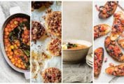 Four images of ways to use up a glut of tomatoes including tomato confit, tomatoes provencal, tomato soup, and bruschetta.