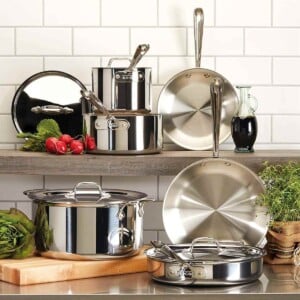 All-Clad D3 Stainless Cookware Set on a counter