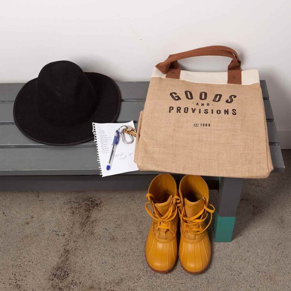 Burlap Market Tote on bench with yellow boots.
