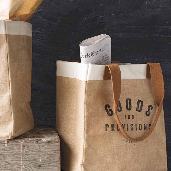 Burlap Market Tote with newspaper.