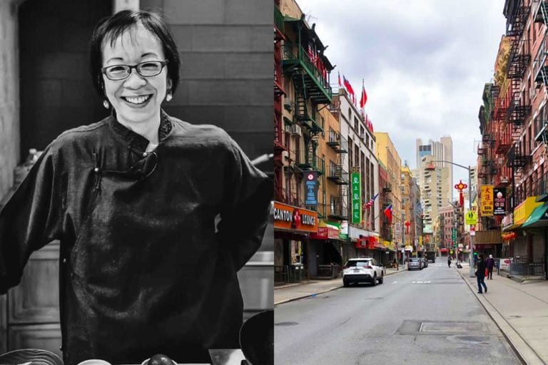 A photo of Grace Young and an image of a deserted street in Chinatown for the podcast Ep. 31: Grace Young: Coronavirus: Chinatown Stories.