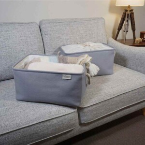 Gray Fabric Storage Bins on couch.