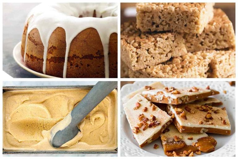 A grid of four of the 10 pumpkin spice recipes including a glazed pound cake, stacked rice krispie squares, pumpkin ice cream, and a pumpkin and white chocolate toffee.