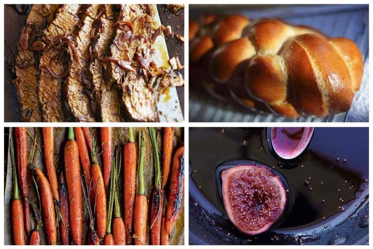 Four of the 24 Rosh Hashanah recipes featured in the slideshow including brisket, a loaf of challah, roasted carrots, and figs in wine.