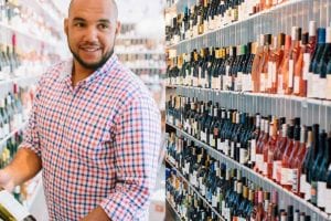 A split image of TJ Douglas, and a wall of wine at The Urban Grape.