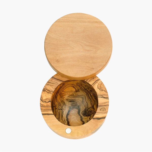 Berard Olive Wood Handcrafted Salt Keeper top off above view.