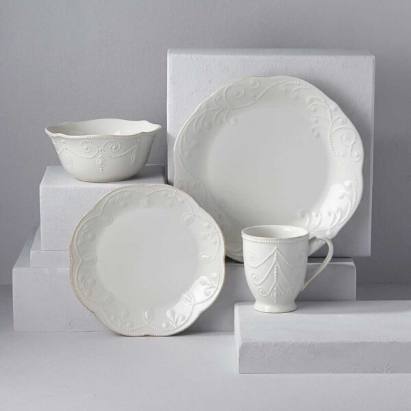 Lenox French Perle Dinnerware on white cubes.
