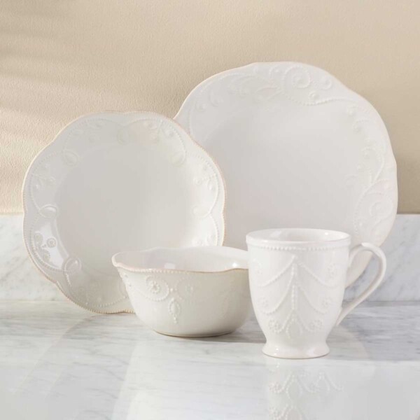 Lenox French Perle Dinnerware on white table.