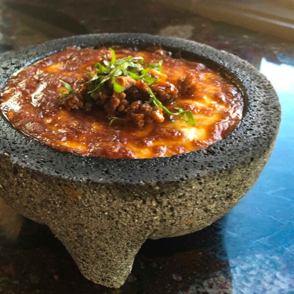 Molcajete and Tortilla Warming Basket with Queso