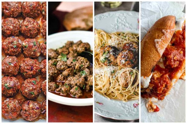 Images of four of the 13 meatball recipes, including, chorizo meatballs, Moroccan meatballs, turkey meatballs with angel hair pasta, and meatball subs.