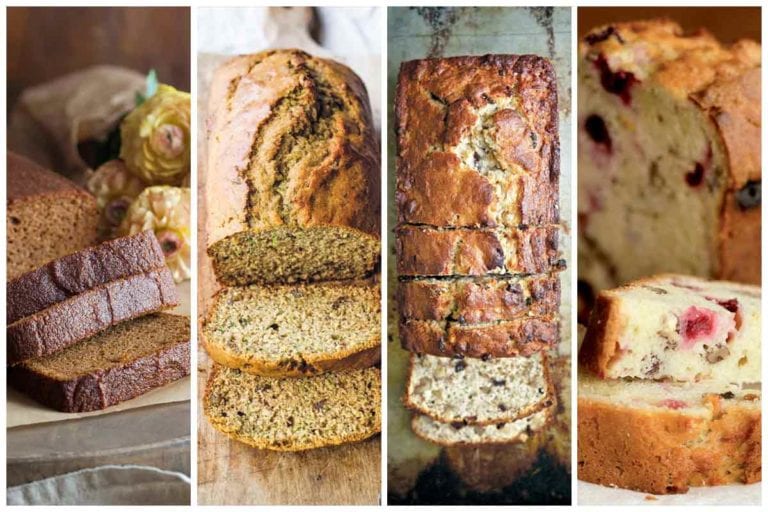 Images of four quick bread recipes including gluten free banana bread, zucchini bread, bourbon-spiked banana bread, and cranberry orange bread.