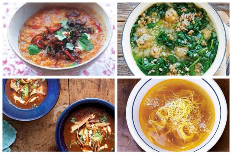 Images of four soup recipes -- Moroccan lentil soup, turkey meatball soup, ancho chile soup, and brodo di pollo.