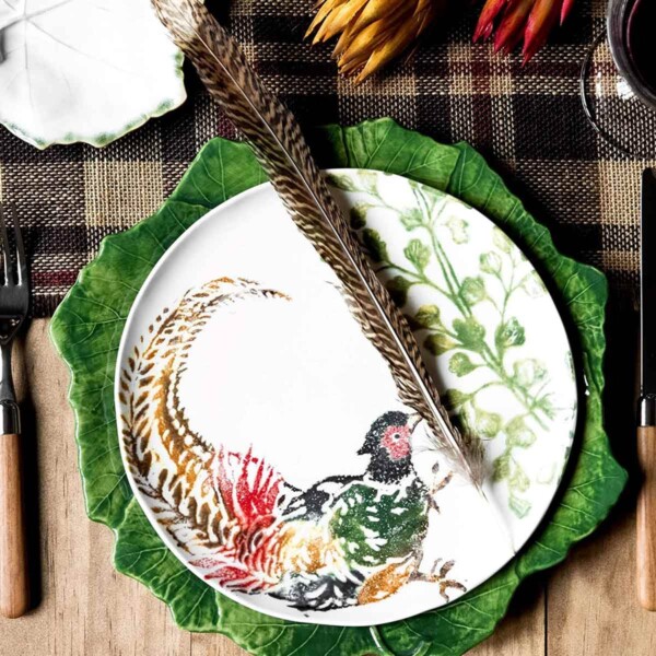 Vietri Fauna Salad Plate with bird feather.