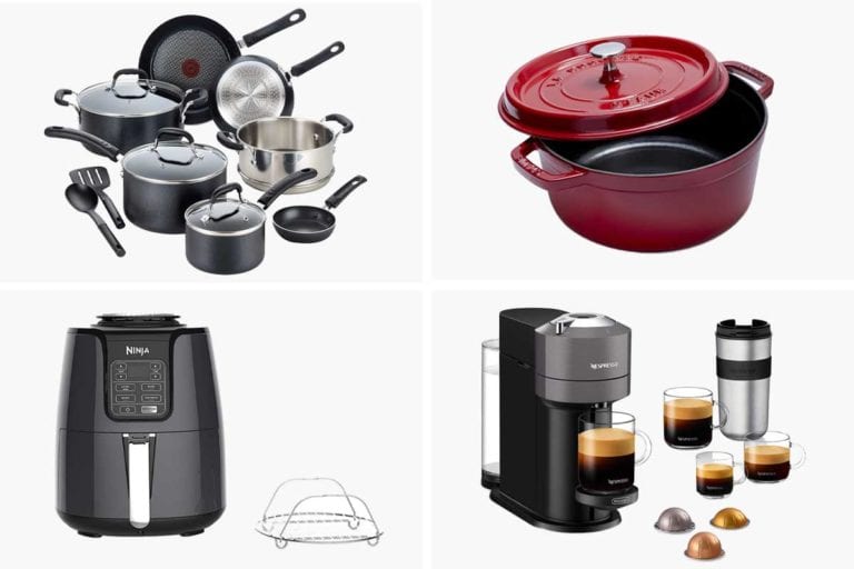 A grid of four Black Friday sale products -- cookware, a Le Creuset dish, air fryer, and Nespresso machine.