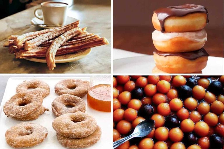 Images of four fried dough recipes -- churros, glazed doughnuts, apple fritters, and Indian milk fritters.