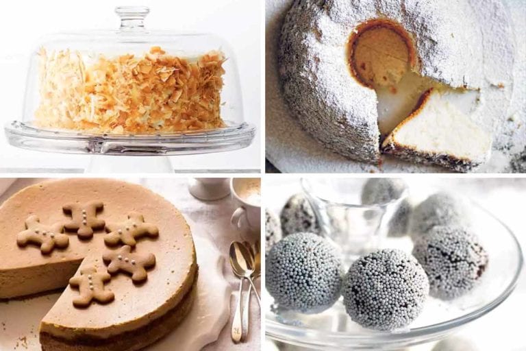 Images of four holiday dessert recipes -- coconut carrot cake, angel food cake, gingerbread cheesecake, and rum balls.