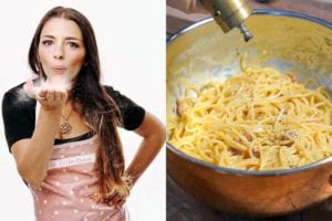 Images of Nadia Caterina Munno, the Pasta Queen, and a bowl of pasta for the podcast Talking With My Mouth Full, Ep. 35: Talking With TikTok's Pasta Queen.