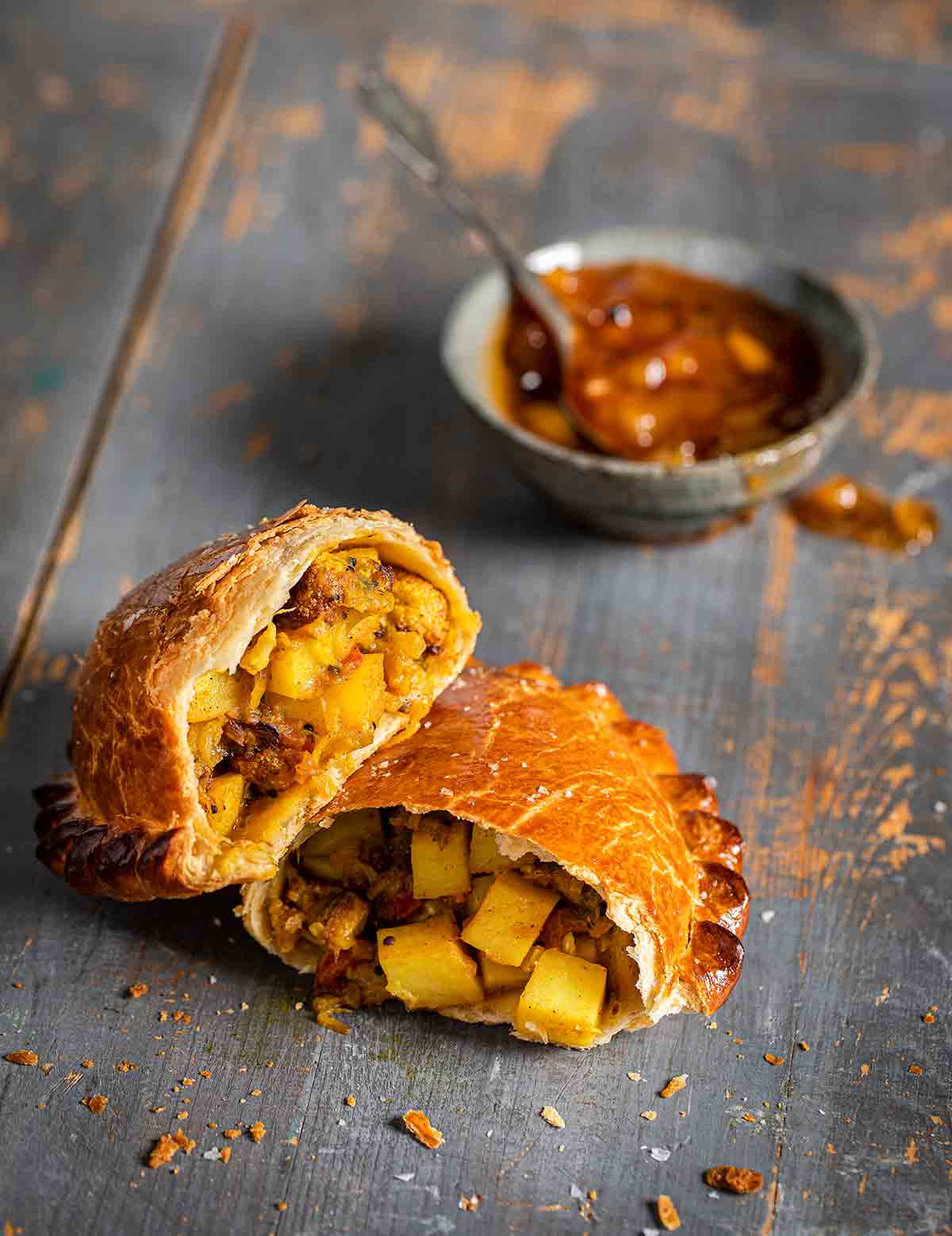 A halved curried cauliflower and potato pastie with a dish of mango chutney beside it.