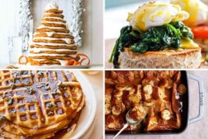 Images of four of the best breakfasts for long weekends -- carrot cake pancakes, eggs Florentine, waffles, and French toast.