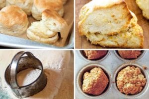 Images of four biscuit recipes -- Southern buttermilk biscuits, Cheddar biscuits, easy cream biscuits, and Alabama muffin biscuits.