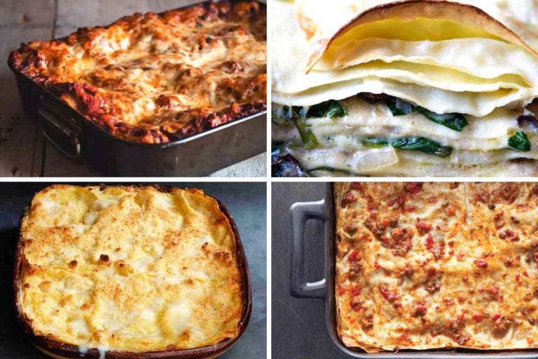 Images of four lasagna recipes -- lasagna bolognese with eggplant, three cheese vegetarian lasagna, pumpkin lasagna, and lasagna bolognese.