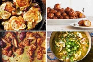 Images of four of the most popular chicken recipes 2020 -- roast chicken thighs, waffle fried chicken, chicken shawarma, and green chicken chili.