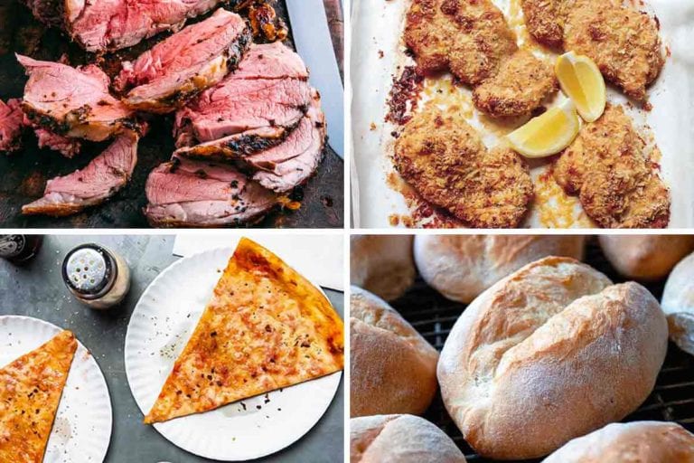 Images of four of the most popular recipes of 2020 -- Tuscan roast leg of lamb, breaded oven fried chicken thighs, New York-style pizza, and papo secos.