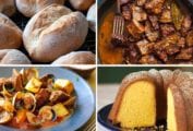 Images of four of 15 Portuguese recipes -- papo secos, cacoila, Portuguese pork with clams, and orange olive oil cake.