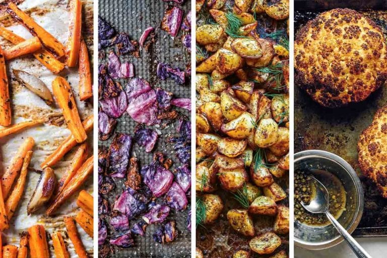 Images of four roasted vegetable recipes -- roasted carrots, roasted red cabbage, roasted potatoes with dill, and roasted whole cauliflower.