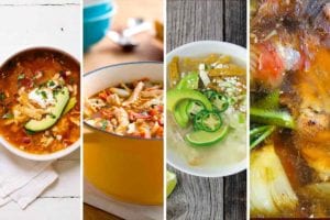 Images of four of the 9 chicken soup recipes -- chicken tortilla soup, white bean and chicken chili, Mexican chicken soup, and leftover roast chicken soup.